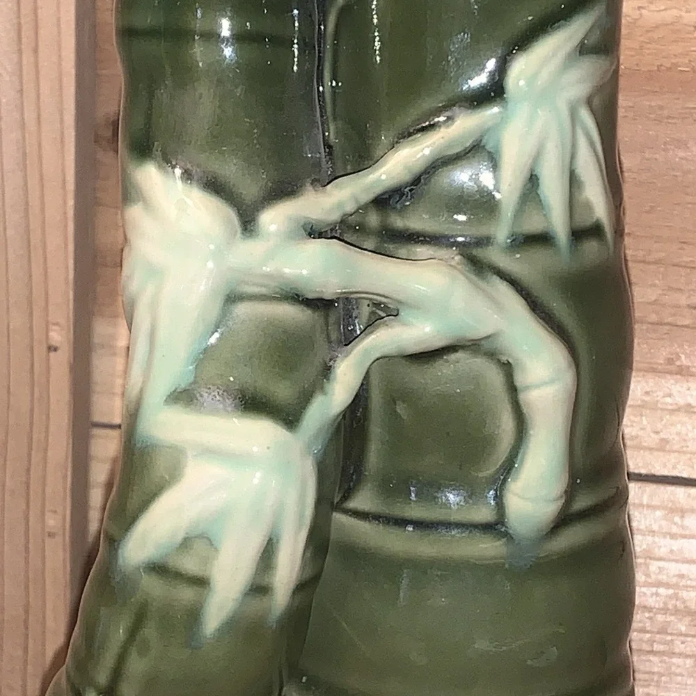 Vintage Majolica Vase Green Double Bamboo Stalks Planter Tiki Asian Ceramic EUC